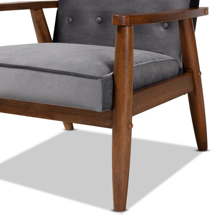 Baxton Studio Sorrento Grey Velvet Upholstered Walnut Finished Wooden Lounge Chair 160-9937